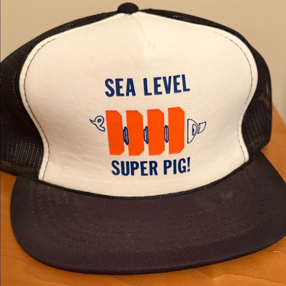 Vintage!! classic trucker hat Sea Level Super Pig! vibrant orange blue logo